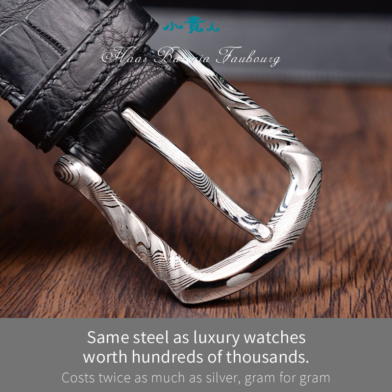 French Handcrafted Luxury Belt with Damascus Steel Buckle – Premium Craftsmanship