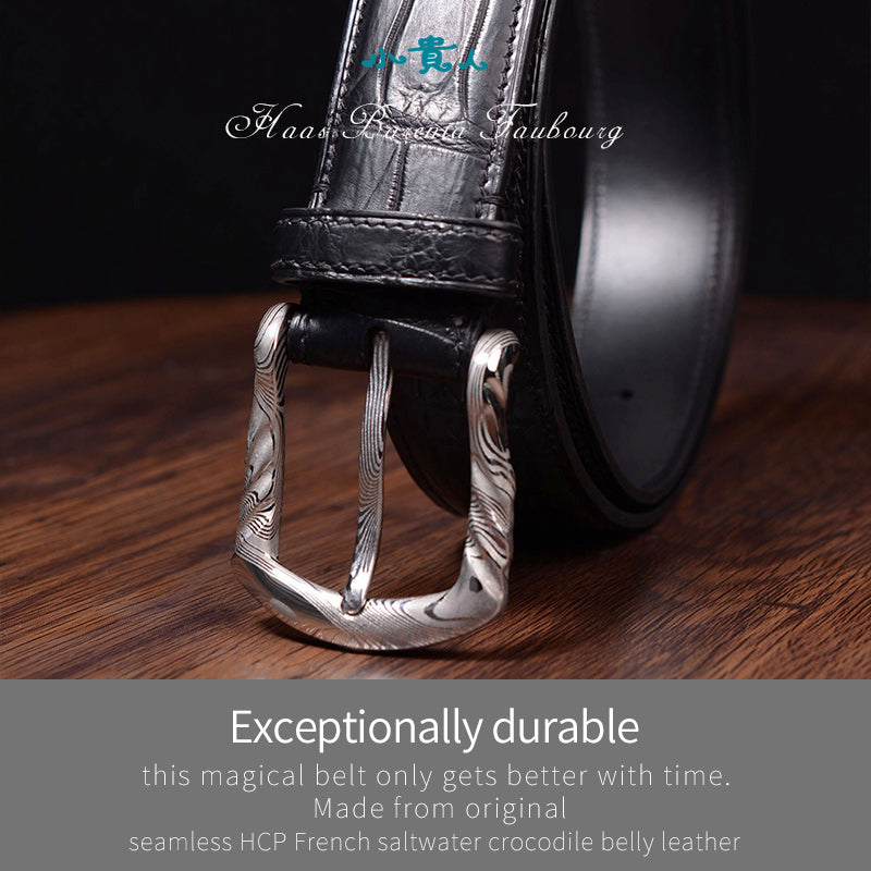 French Handcrafted Luxury Belt with Damascus Steel Buckle – Premium Craftsmanship